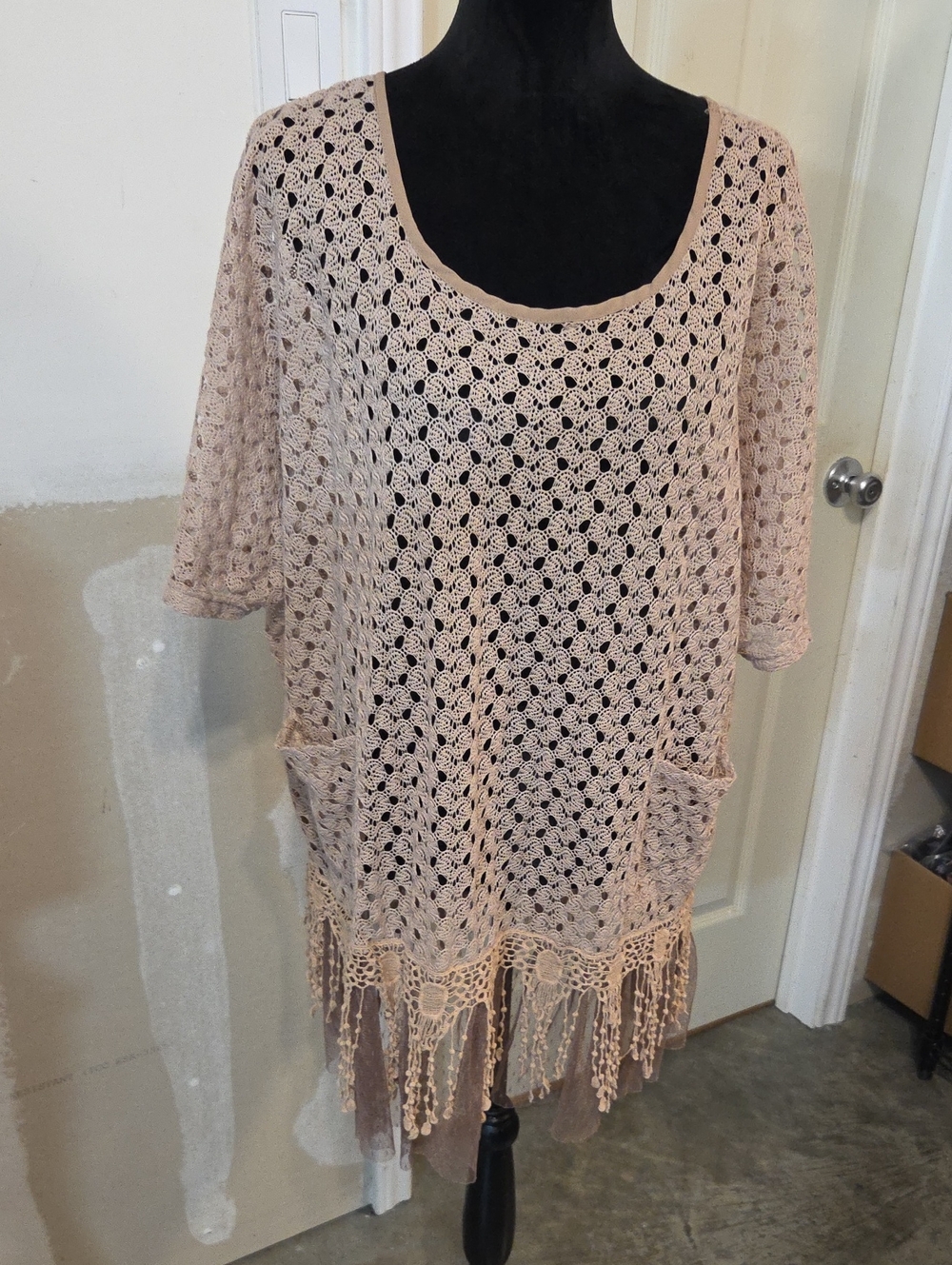 Nicole Marie Women's Crochet Fringe Swim Cover-Up in Light Blush Lagenlook Boho